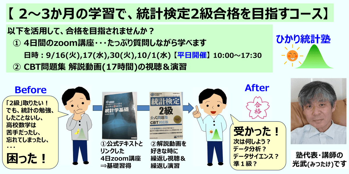 【 2～3か月の学習で、統計検定2級合格を目指すコース】【内容：①4日間のzoom講座(平日開催) ＋②CBT問題集解説動画(17時間)の視聴と演習 】
