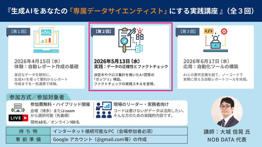 『生成AIをあなたの「専属データサイエンティスト」にする実践講座 （5/13）』（第1期：交通事故オープンデータ編／全3回）