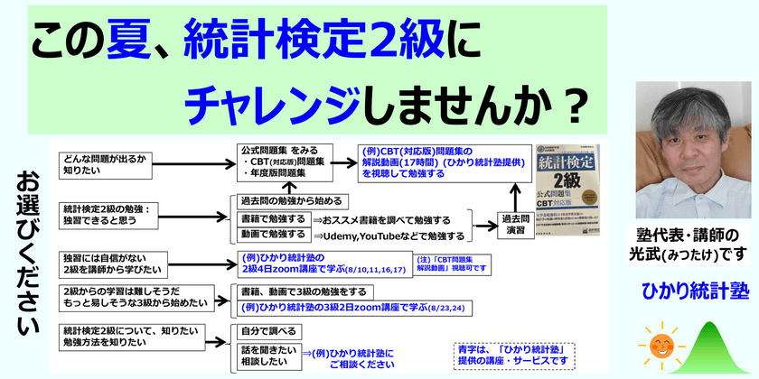 【無料相談有】この夏、「統計検定２級」にチャレンジしませんか？【統計検定2級 CBT問題集解説 録画動画視聴コースやzoom講座提供しています】