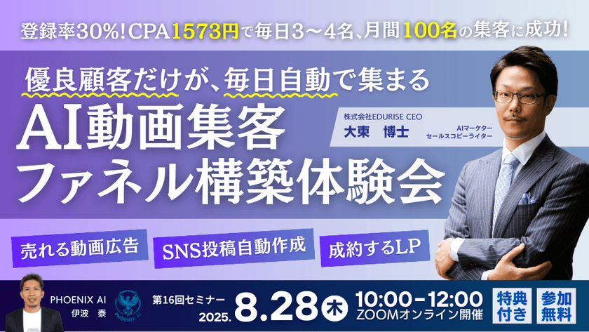 登録率30%!CPA1573円で毎日3〜4名、月間100名の集客に成功! 優良顧客だけが、毎日自動で集まる『AI動画集客ファネル構築体験会』