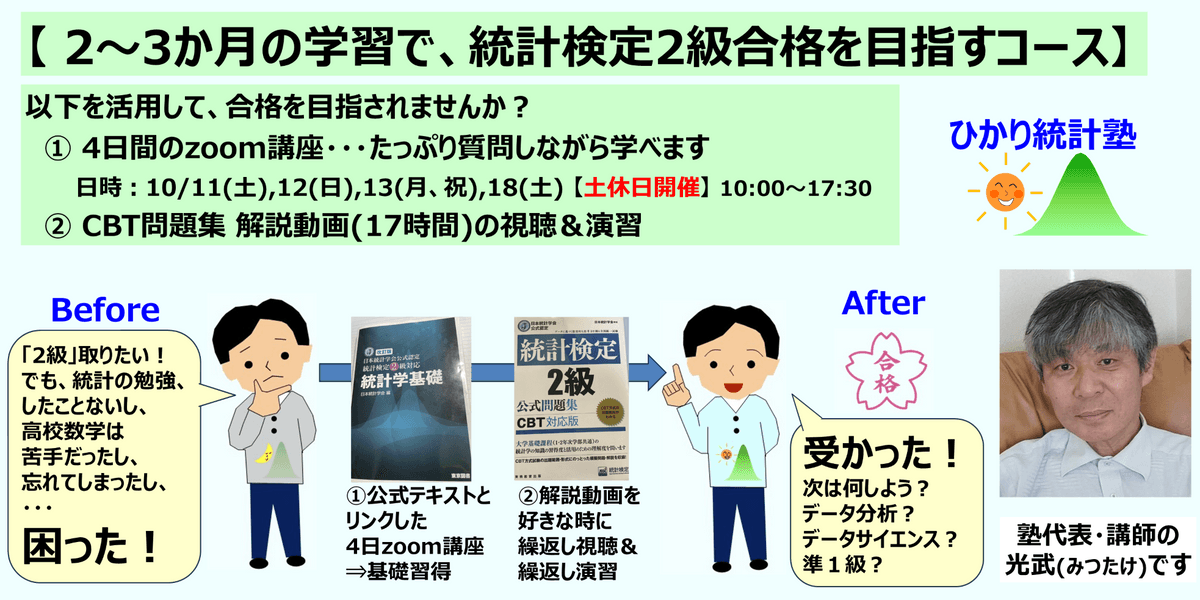 【 2～3か月の学習で、統計検定2級合格を目指すコース】【内容：①4日間のzoom講座(土日開催) ＋②CBT問題集解説動画(17時間)の視聴と演習 】