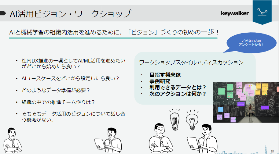 AI活用ビジョンワークショップをお問い合わせベースで開催いたします。お問い合わせ：Mail : marketing@keywalker.co.jp