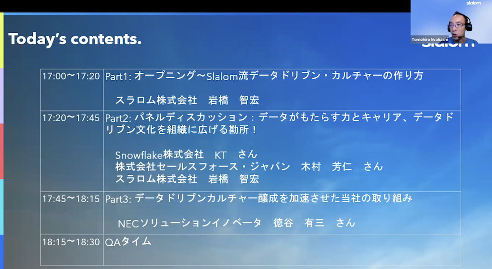 本日のコンテンツ。素敵なゲストをお迎えし、３部構成お届けします。まず第１部はスラロム岩橋からデータドリブン文化の作り方についてスラロムのアプローチを紹介します。